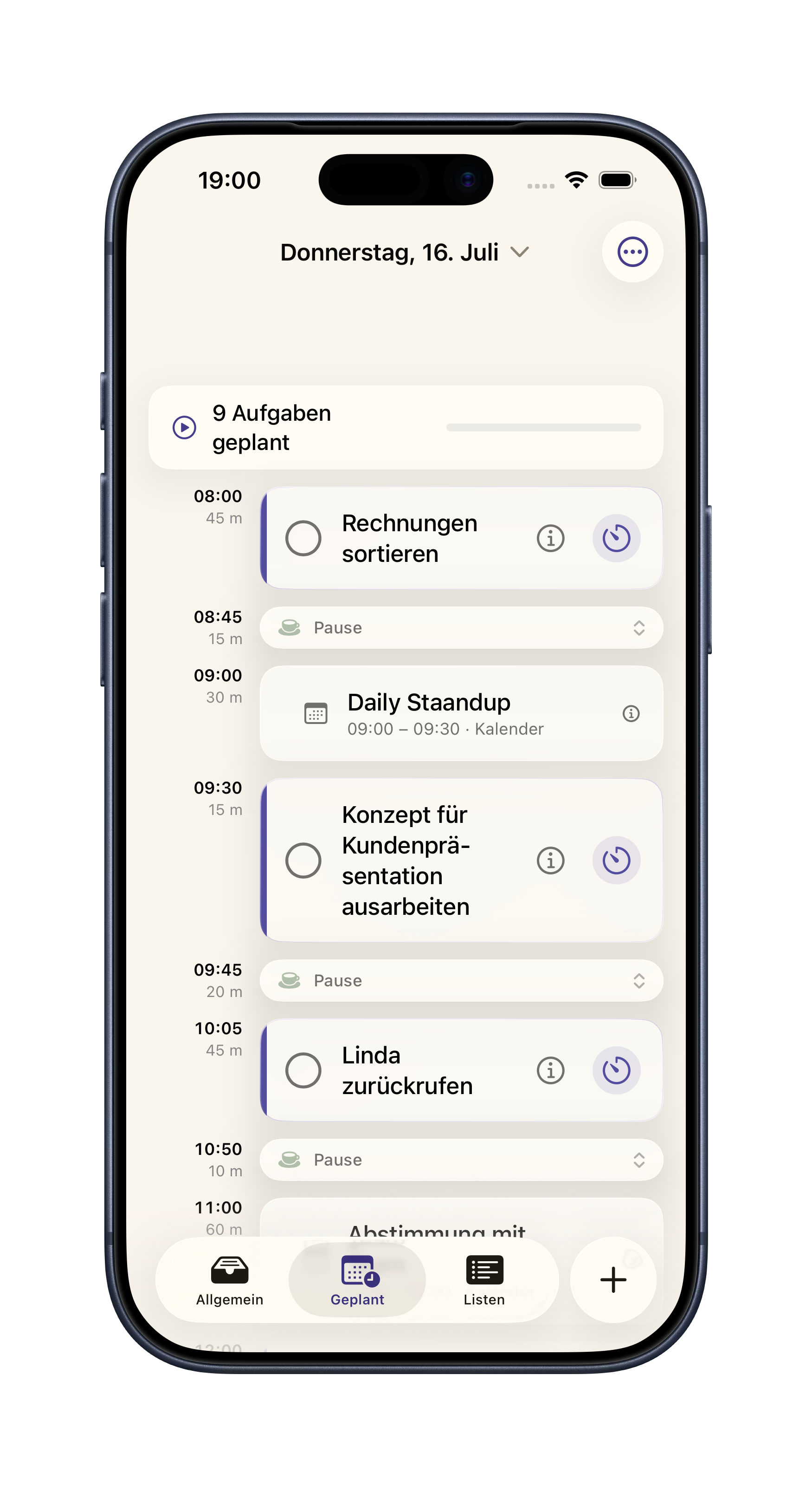 Todai Geplant-Tab: KI-generierte Timeline mit Aufgaben, Kalenderterminen und Pausen